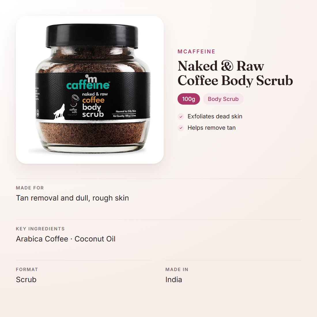 mCaffeine Naked & Raw Coffee Body Scrub (100g) – at a glance: what it is for, who it suits and key ingredients
