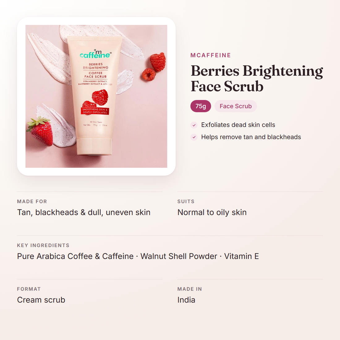 mCaffeine Berries Brightening Face Scrub (75g) – at a glance: what it is for, who it suits and key ingredients