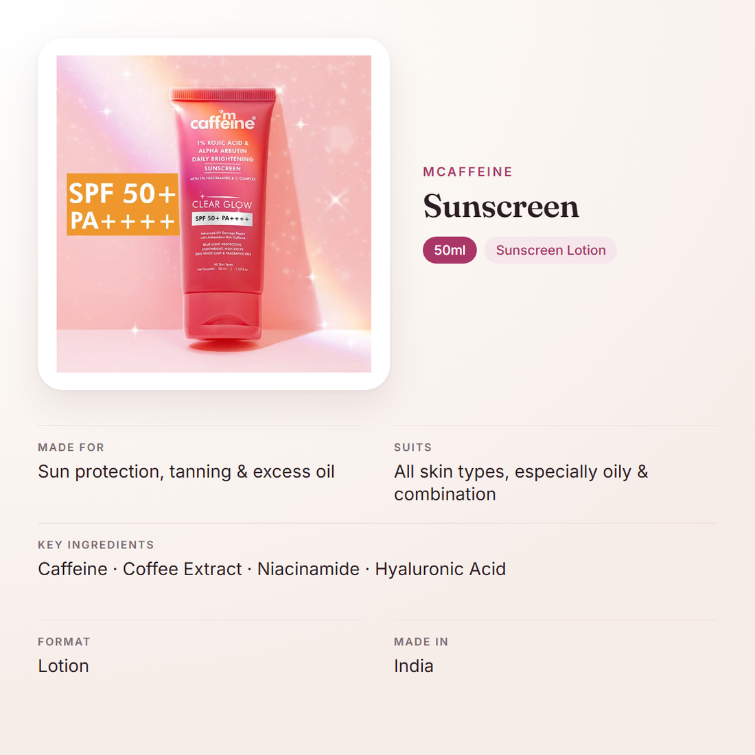 mCaffeine Sunscreen (50ml) – at a glance: what it is for, who it suits and key ingredients