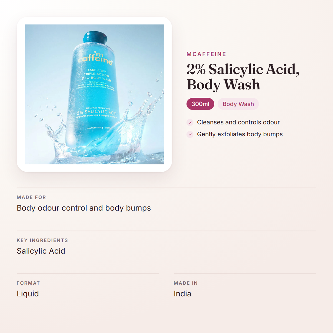 mCaffeine 2% Salicylic Acid, Body Wash (300ml) – at a glance: what it is for, who it suits and key ingredients