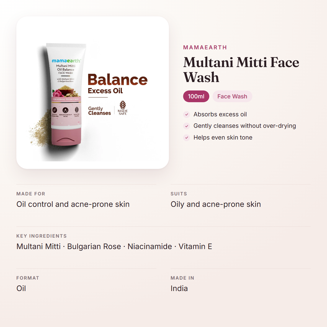 Mamaearth Multani Mitti Face Wash (100ml) – at a glance: what it is for, who it suits and key ingredients