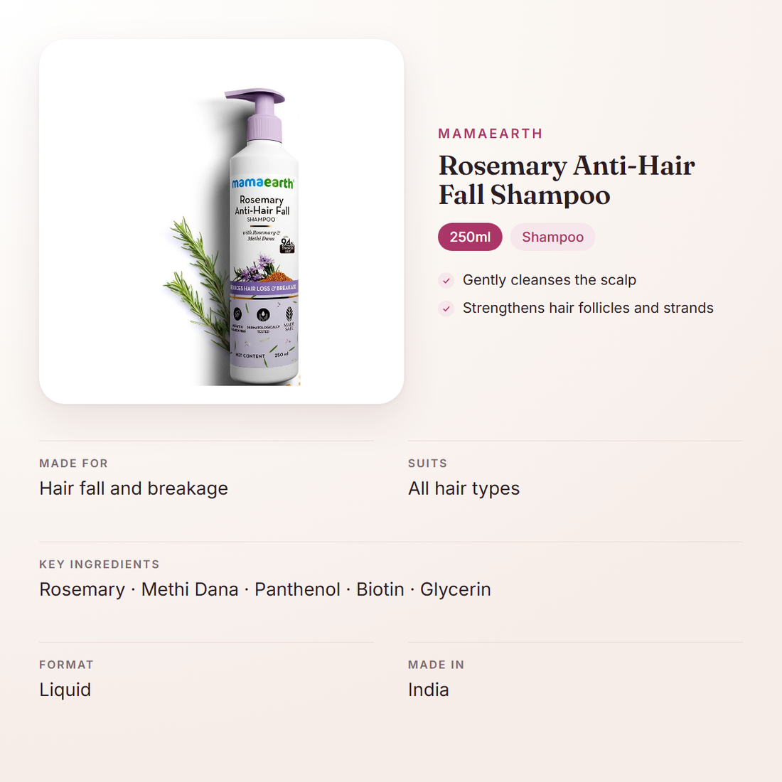 Mamaearth Rosemary Anti-Hair Fall Shampoo (250ml) – at a glance: what it is for, who it suits and key ingredients