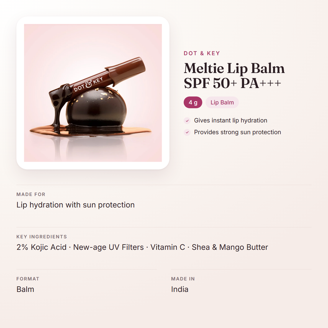 Dot & Key Meltie Lip Balm SPF 50+ PA+++ (4 g) – at a glance: what it is for, who it suits and key ingredients
