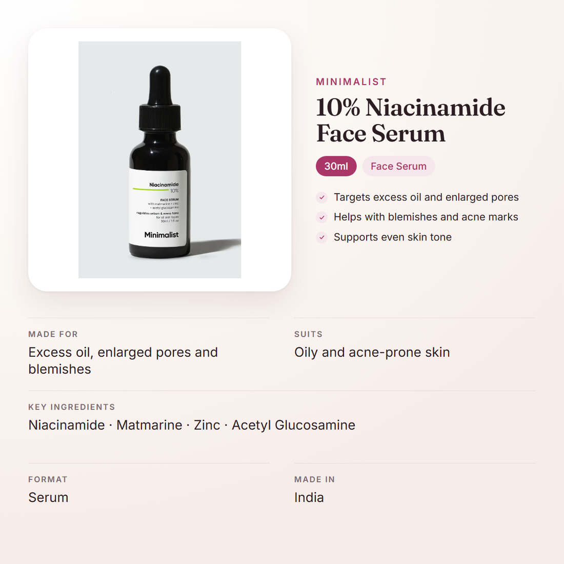 Minimalist 10% Niacinamide Face Serum (30ml) – at a glance: what it is for, who it suits and key ingredients