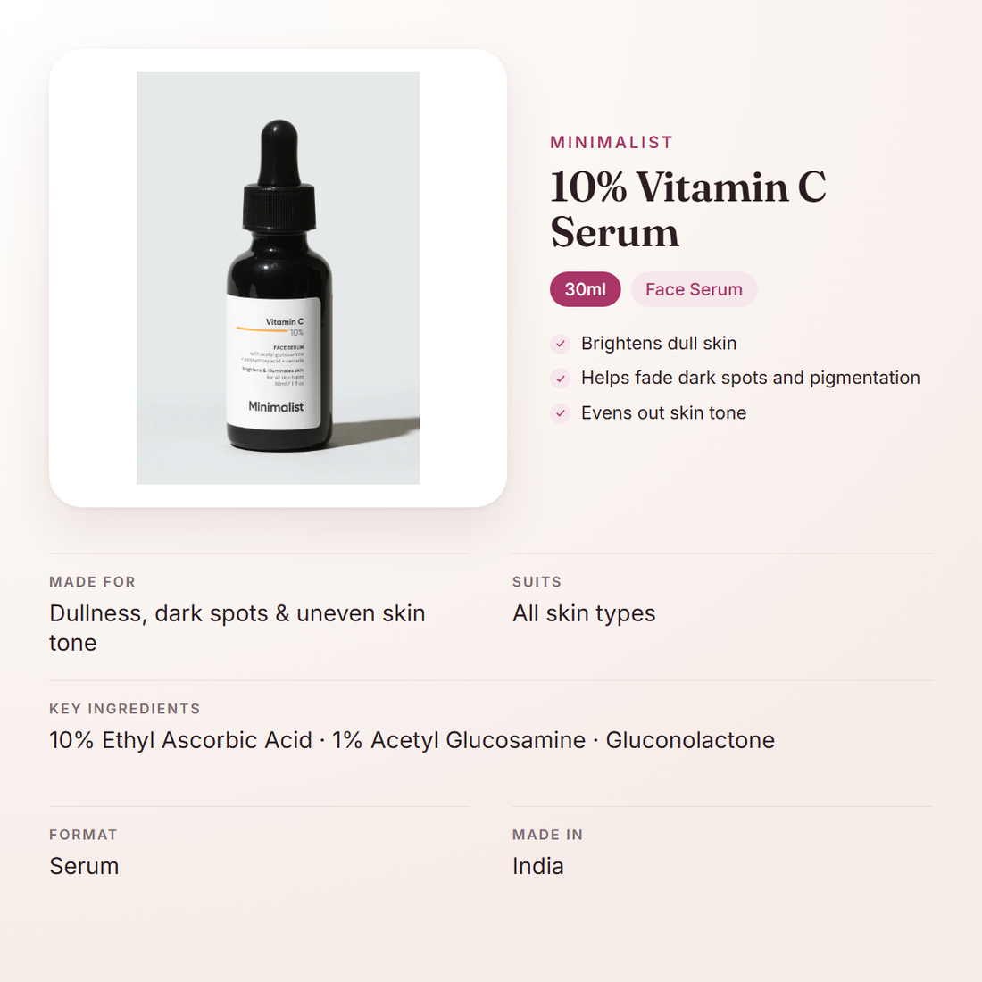 Minimalist 10% Vitamin C Serum (30ml) – at a glance: what it is for, who it suits and key ingredients