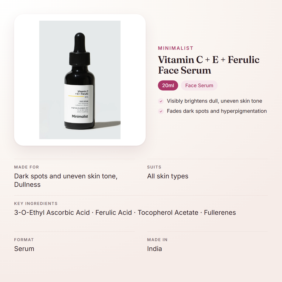 Minimalist Vitamin C + E + Ferulic Face Serum (20ml) – at a glance: what it is for, who it suits and key ingredients