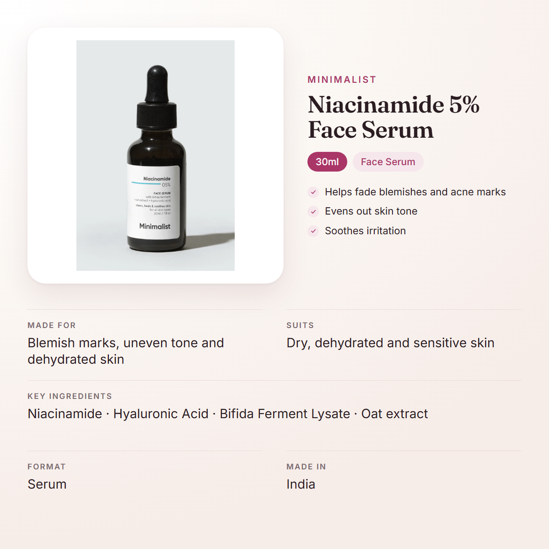 Minimalist Niacinamide 5% Face Serum (30ml) – at a glance: what it is for, who it suits and key ingredients