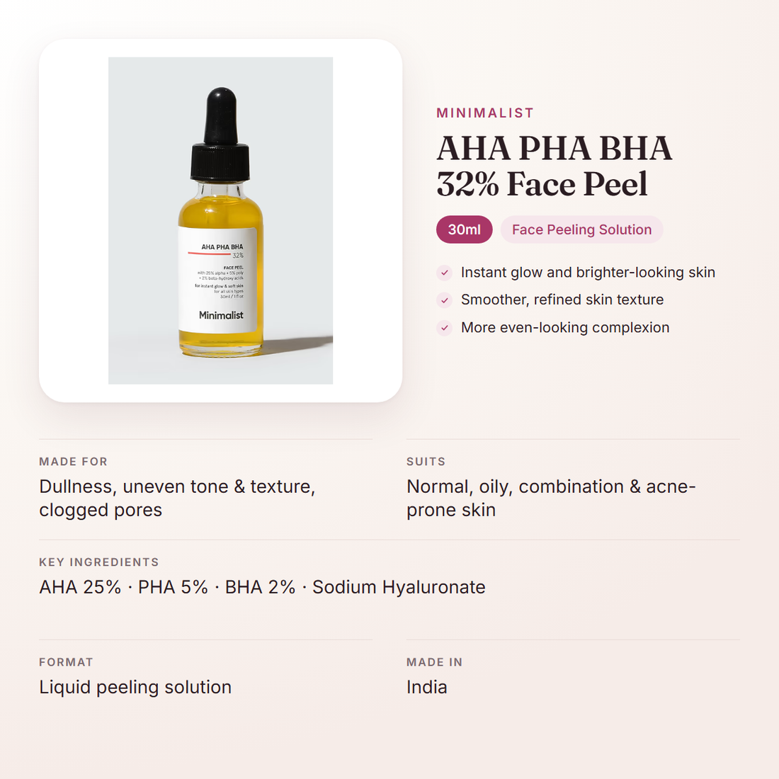 Minimalist AHA PHA BHA 32% Face Peel (30ml) – at a glance: what it is for, who it suits and key ingredients