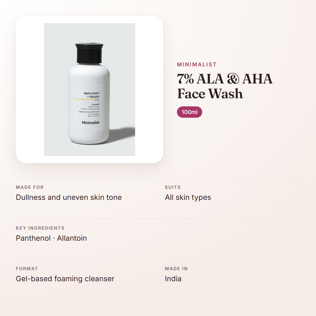 Minimalist 7% ALA & AHA Face Wash (100ml) – at a glance: what it is for, who it suits and key ingredients
