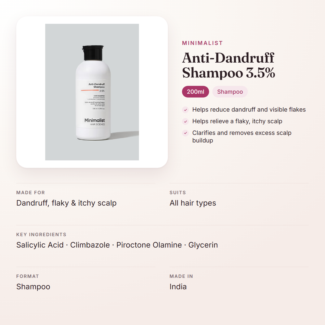 Minimalist Anti-Dandruff Shampoo 3.5% (200ml) – at a glance: what it is for, who it suits and key ingredients
