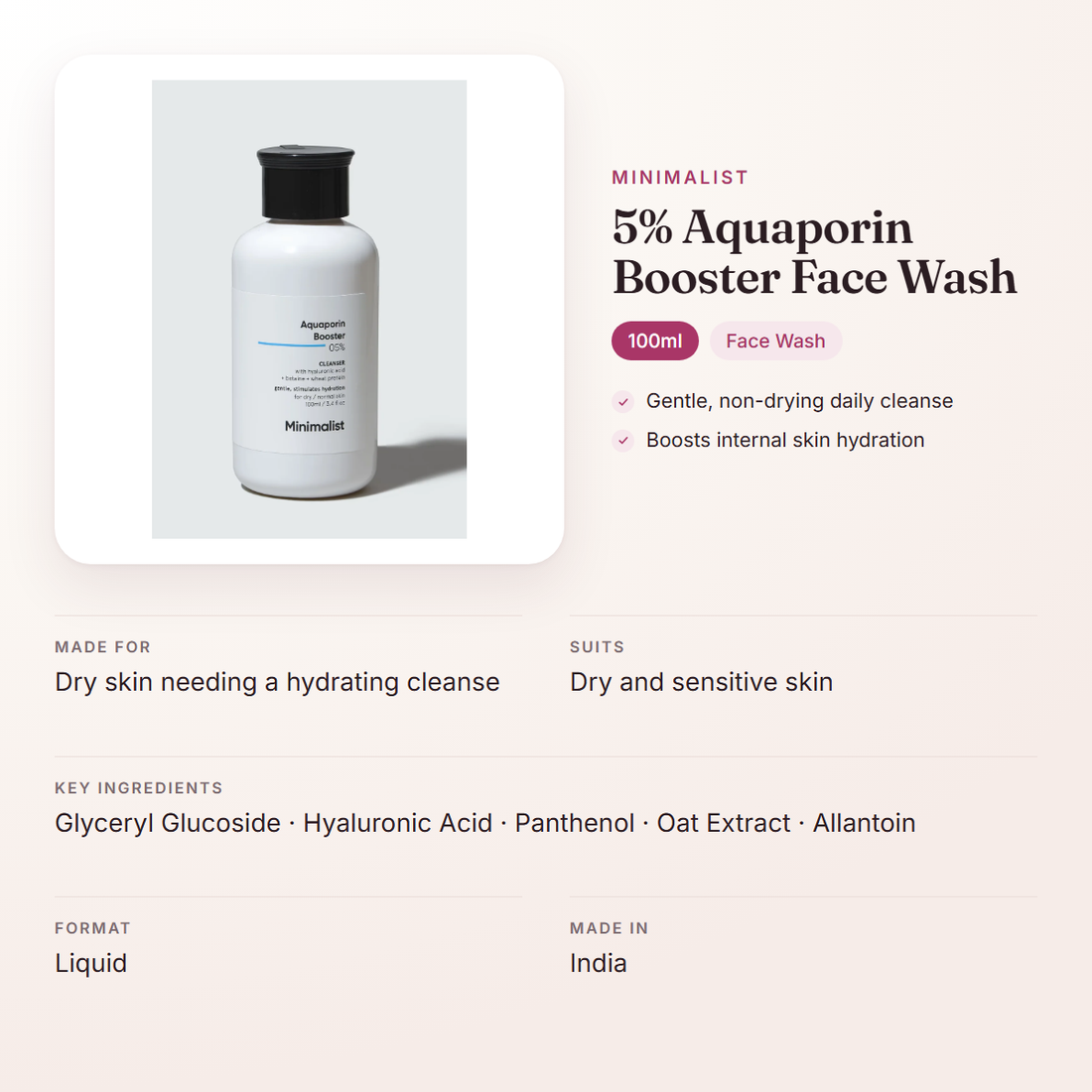 Minimalist 5% Aquaporin Booster Face Wash (100ml) – at a glance: what it is for, who it suits and key ingredients