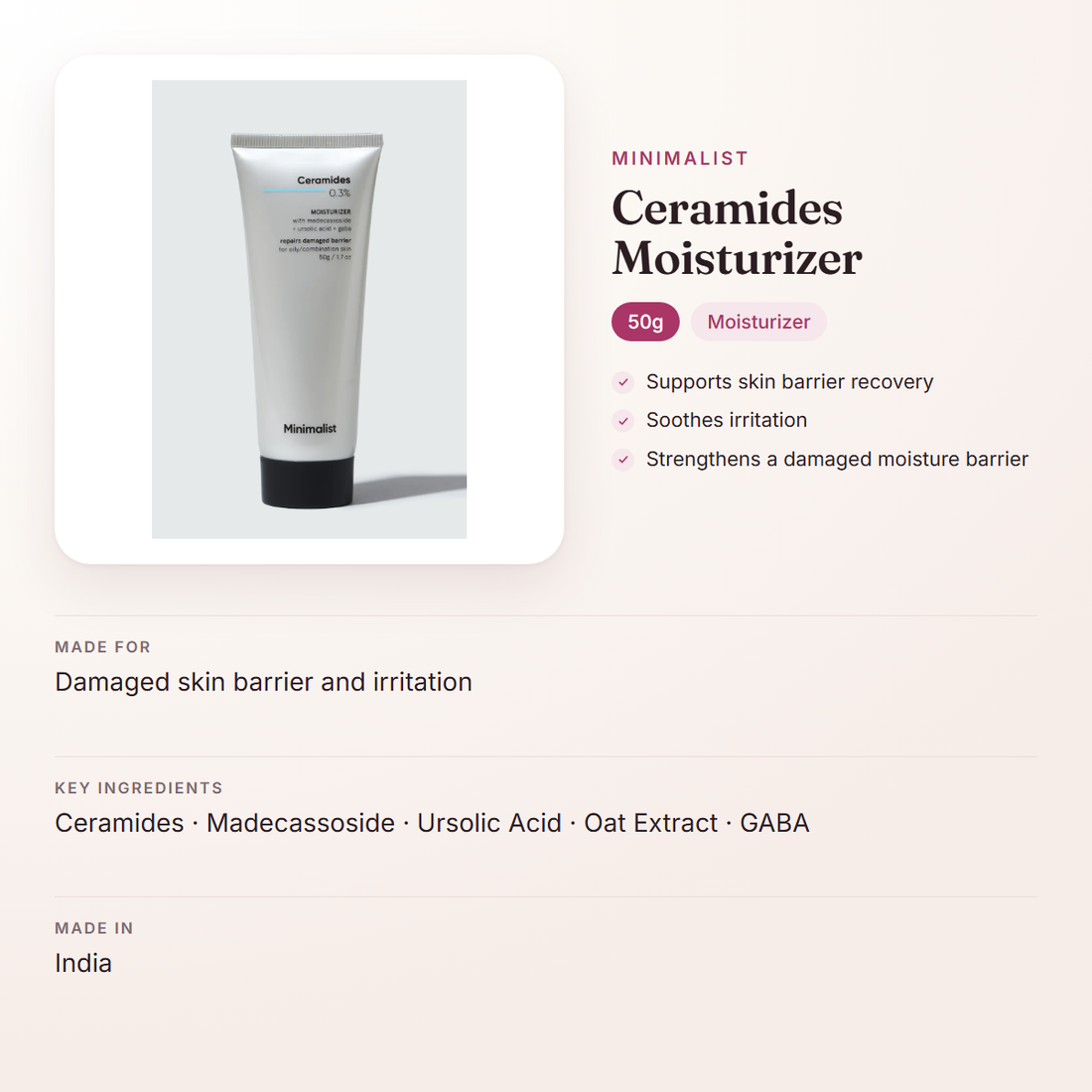 Minimalist Ceramides Moisturizer (50g) – at a glance: what it is for, who it suits and key ingredients