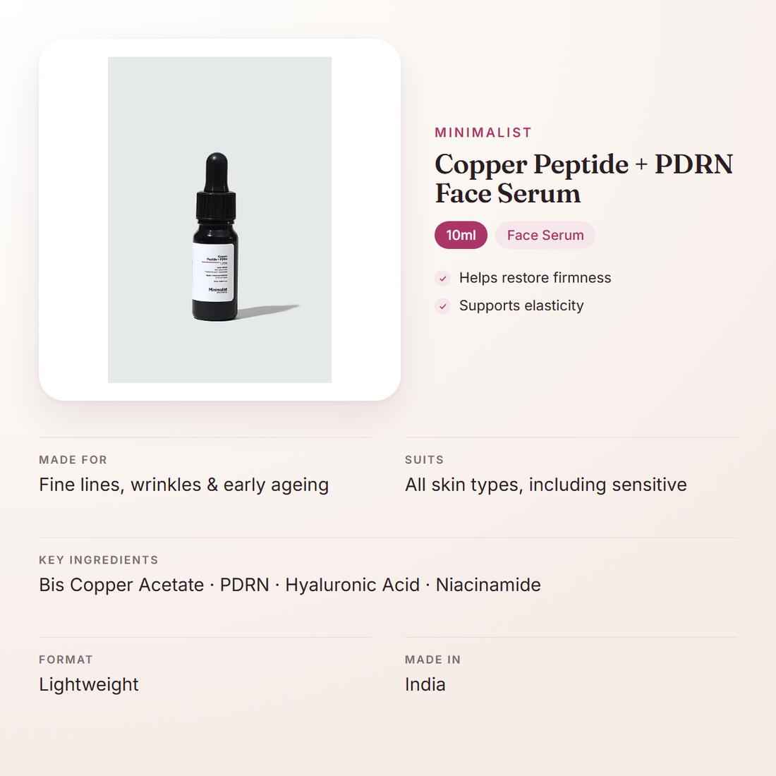 Minimalist Copper Peptide + PDRN Face Serum (10ml) – at a glance: what it is for, who it suits and key ingredients
