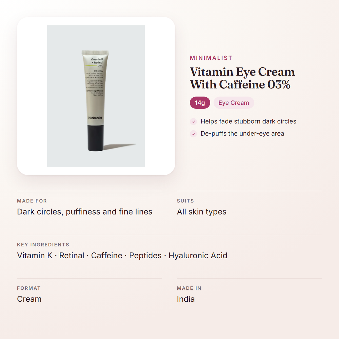 Minimalist Vitamin Eye Cream With Caffeine 03% (14g) – at a glance: what it is for, who it suits and key ingredients