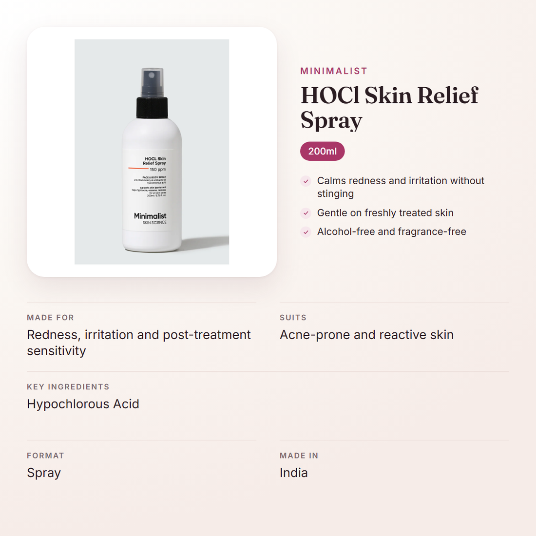 Minimalist HOCl Skin Relief Spray (200ml) – at a glance: what it is for, who it suits and key ingredients