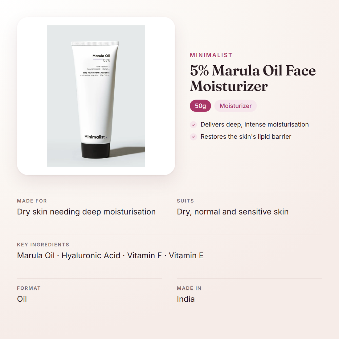 Minimalist 5% Marula Oil Face Moisturizer (50g) – at a glance: what it is for, who it suits and key ingredients