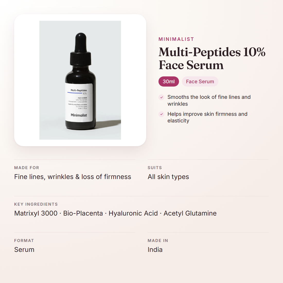 Minimalist Multi-Peptides 10% Face Serum (30ml) – at a glance: what it is for, who it suits and key ingredients