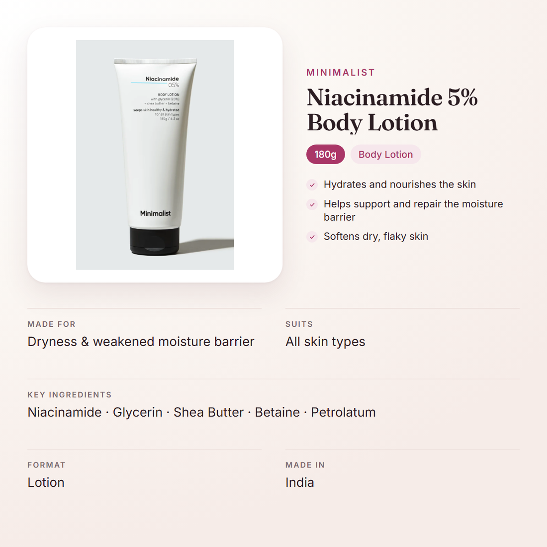 Minimalist Niacinamide 5% Body Lotion (180g) – at a glance: what it is for, who it suits and key ingredients
