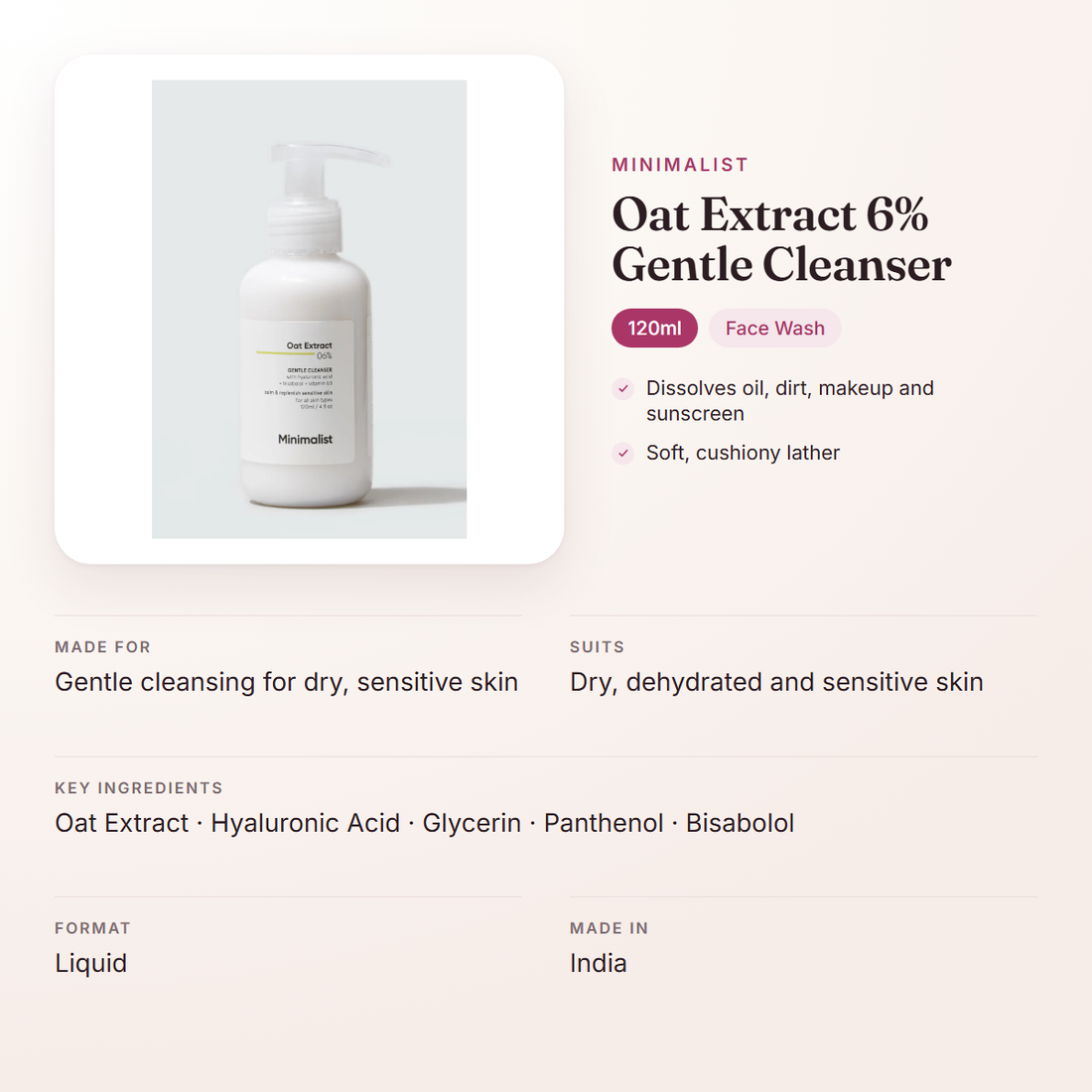 Minimalist Oat Extract 6% Gentle Cleanser (120ml) – at a glance: what it is for, who it suits and key ingredients
