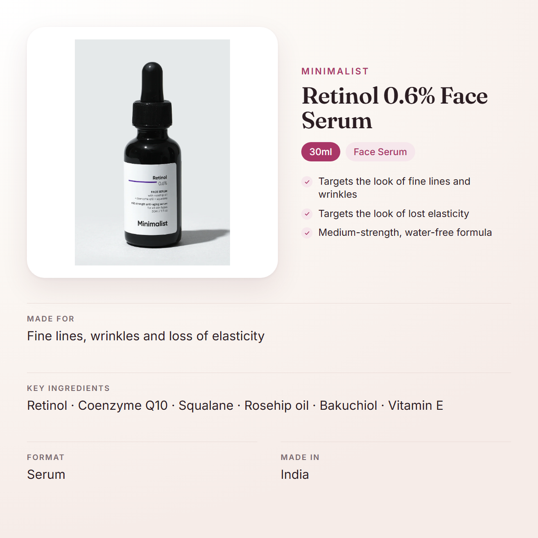 Minimalist Retinol 0.6% Face Serum (30ml) – at a glance: what it is for, who it suits and key ingredients