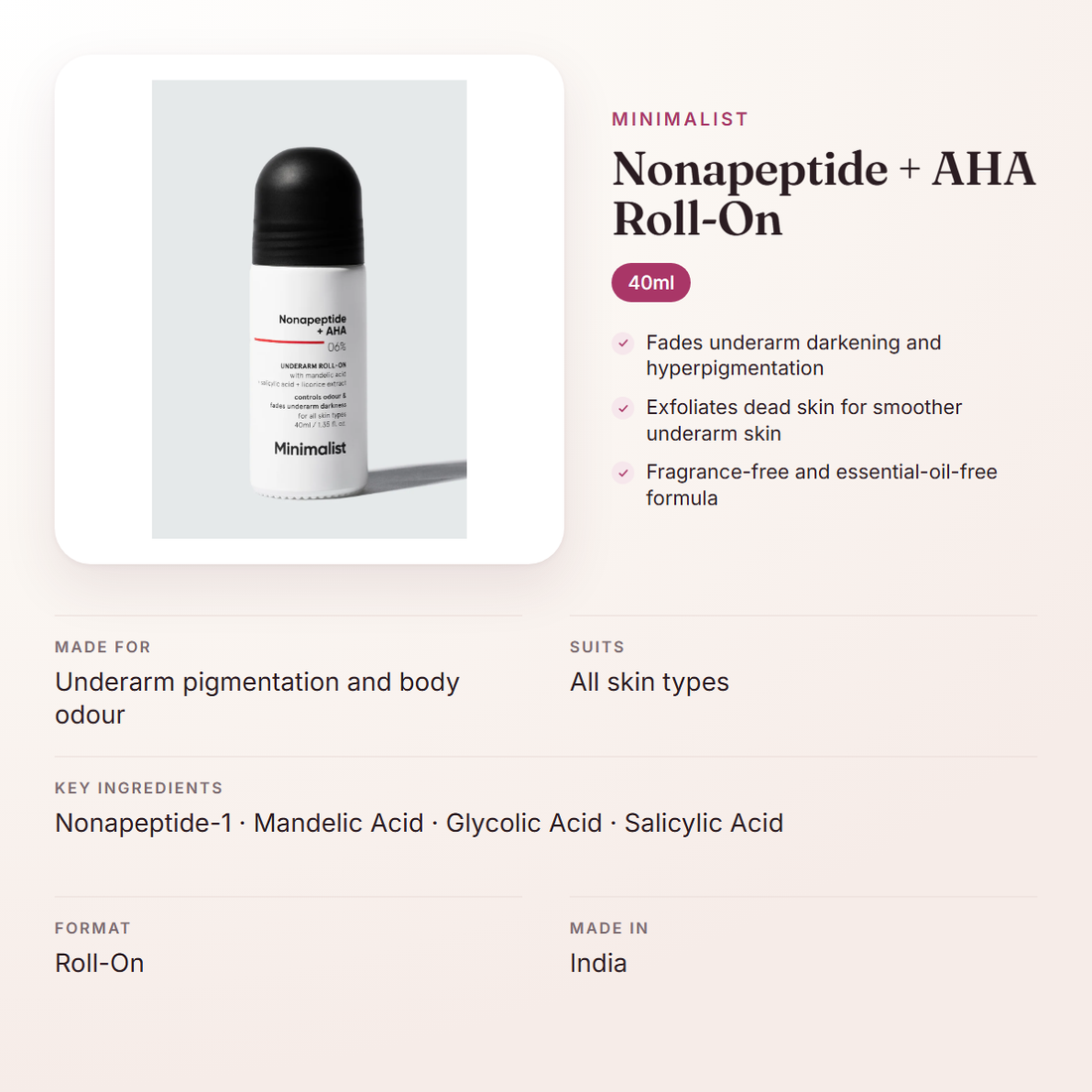 Minimalist Nonapeptide + AHA Roll-On (40ml) – at a glance: what it is for, who it suits and key ingredients