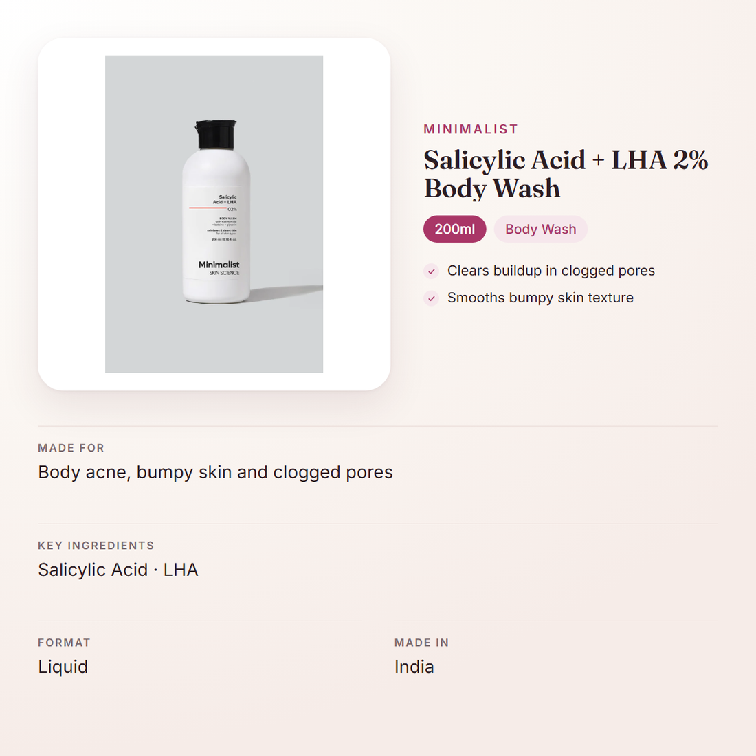 Minimalist Salicylic Acid + LHA 2% Body Wash (200ml) – at a glance: what it is for, who it suits and key ingredients