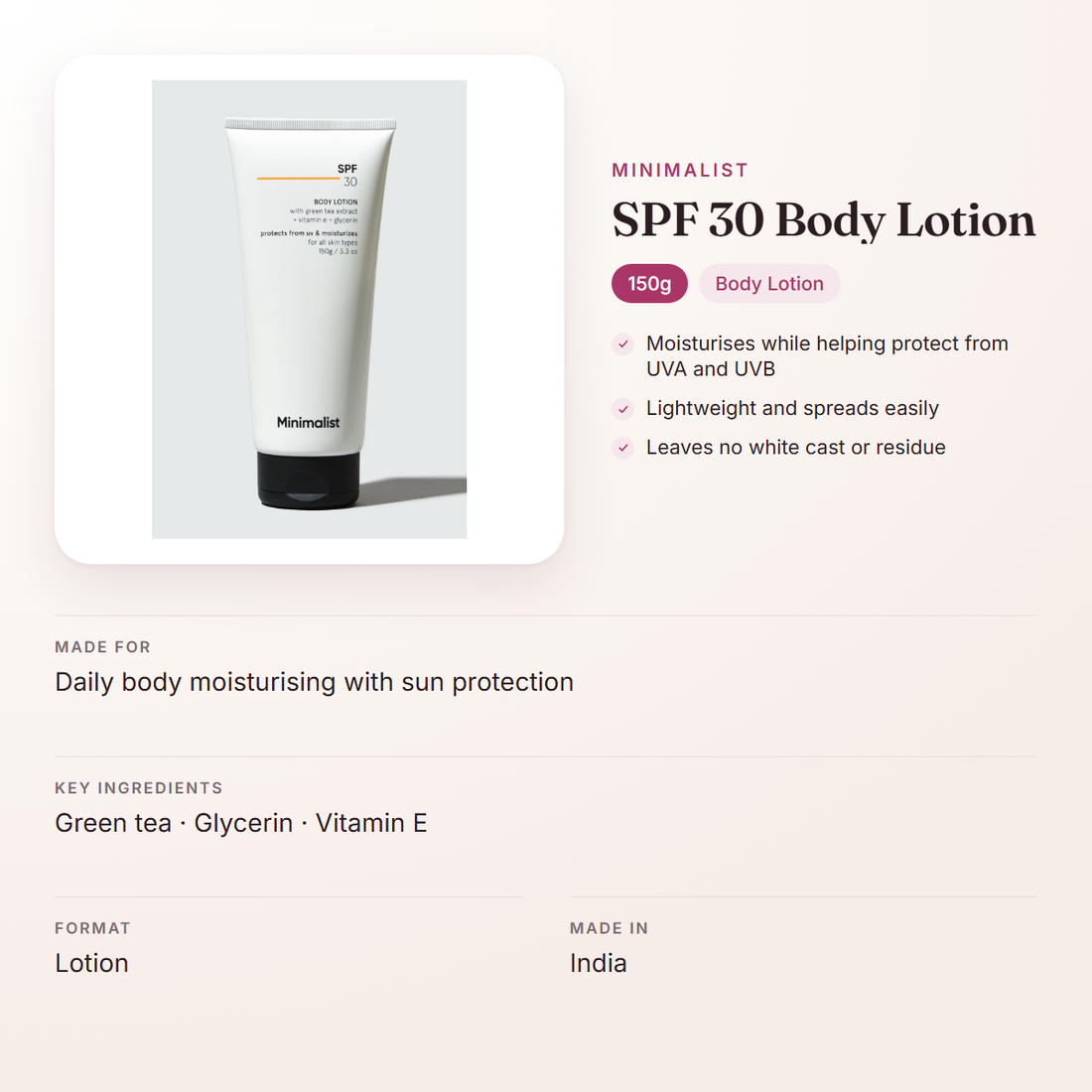 Minimalist SPF 30 Body Lotion (150g) – at a glance: what it is for, who it suits and key ingredients
