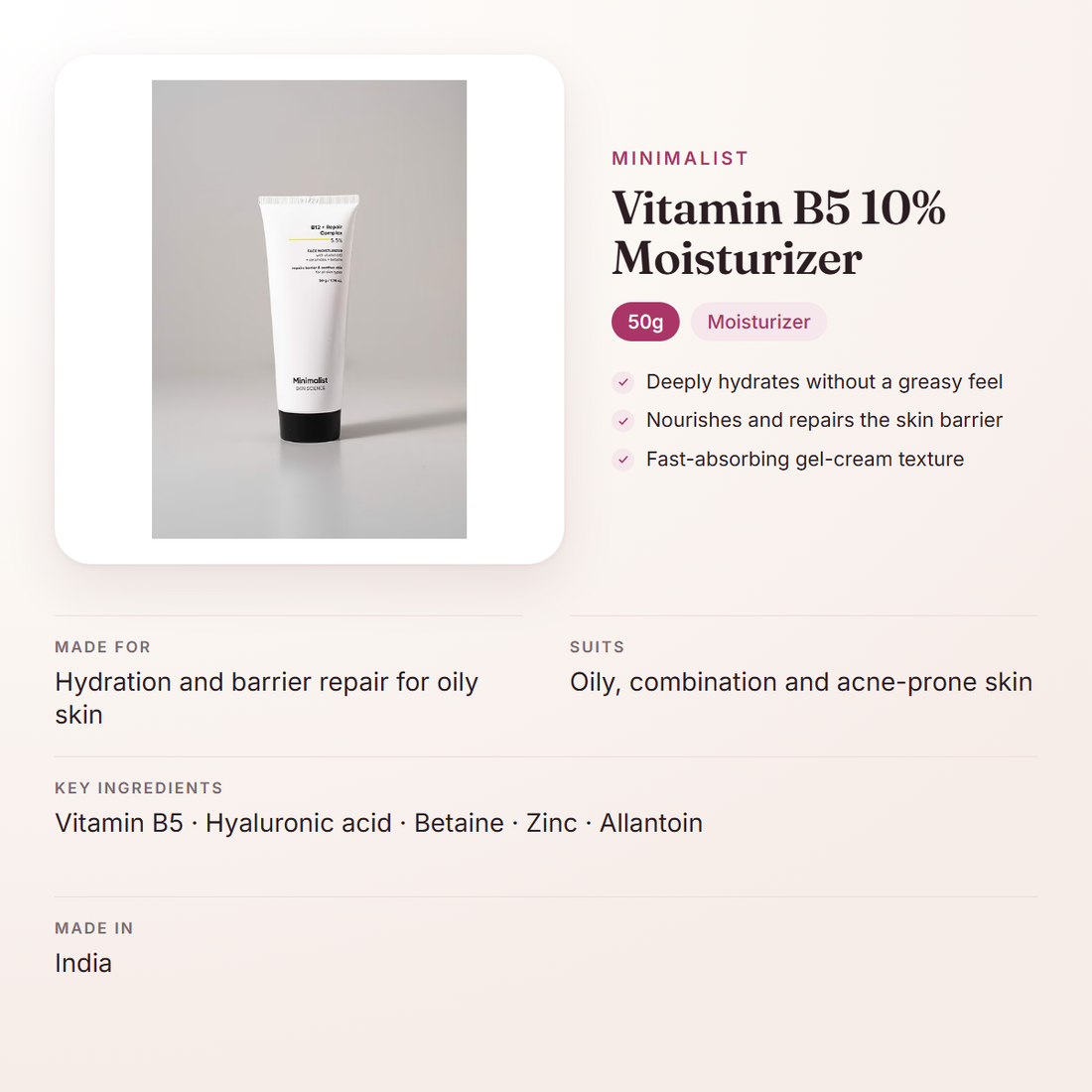 Minimalist Vitamin B5 10% Moisturizer (50g) – at a glance: what it is for, who it suits and key ingredients