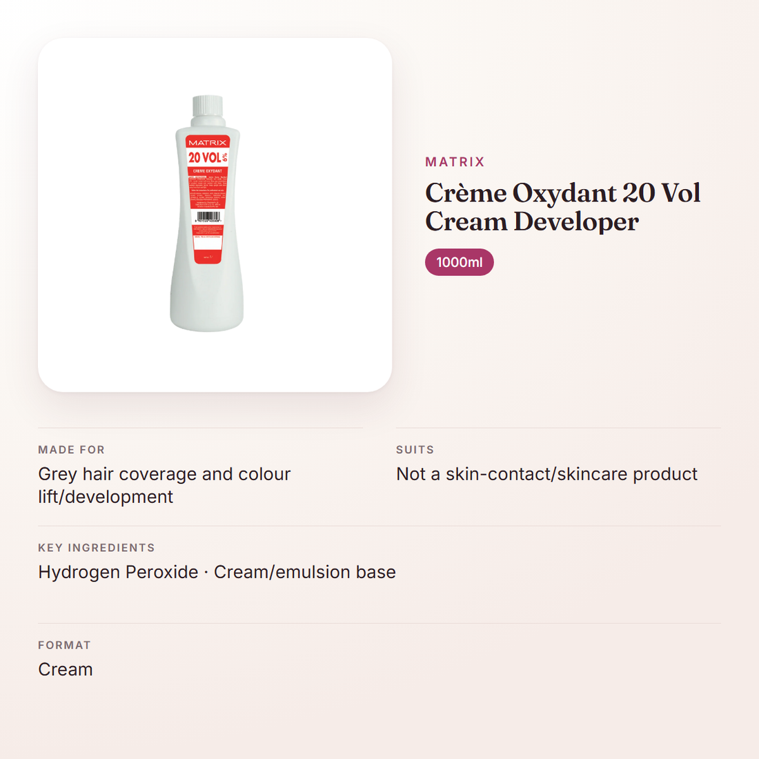 Matrix Crème Oxydant 20 Vol Cream Developer (1000ml) – at a glance: what it is for, who it suits and key ingredients