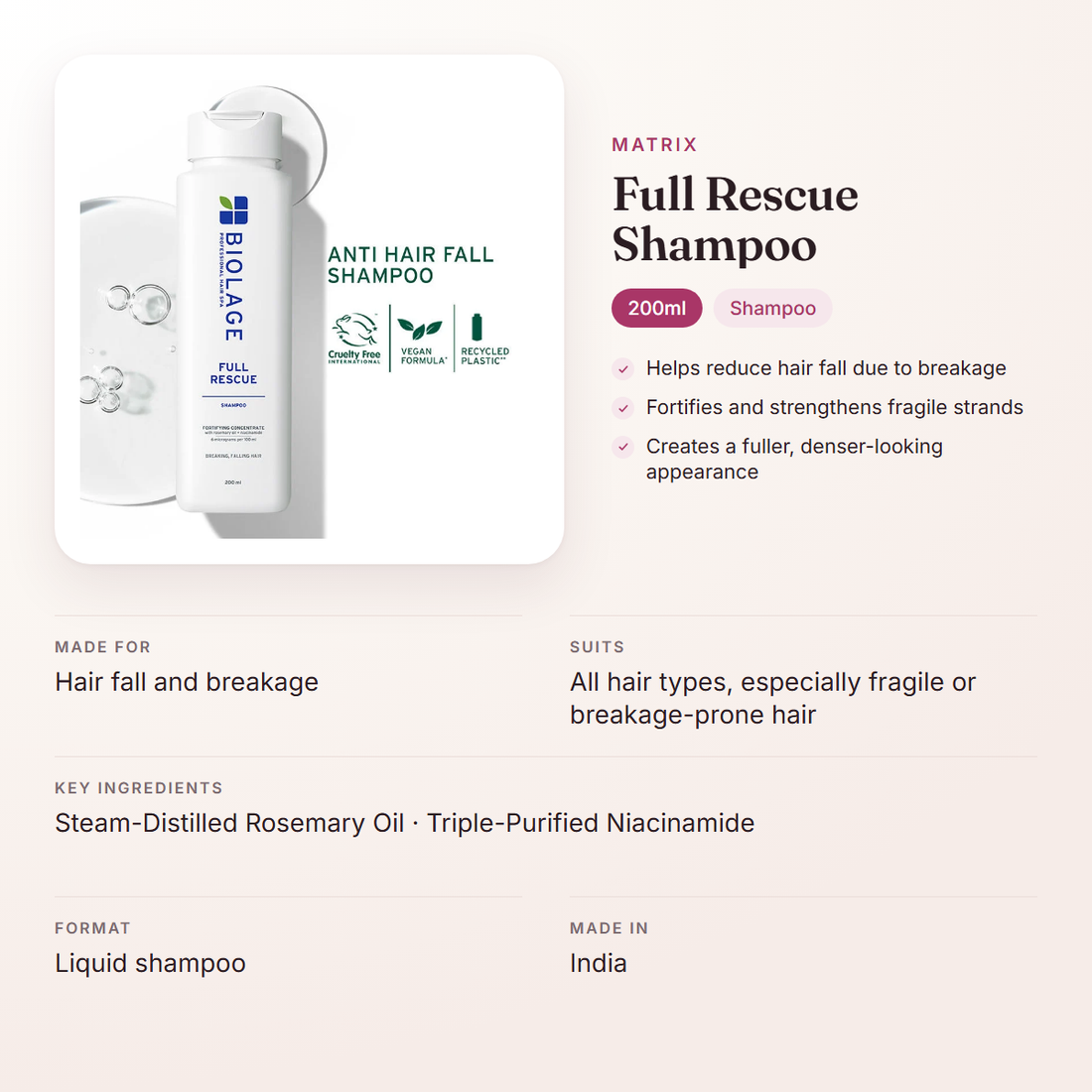 Matrix Full Rescue Shampoo (200ml) – at a glance: what it is for, who it suits and key ingredients