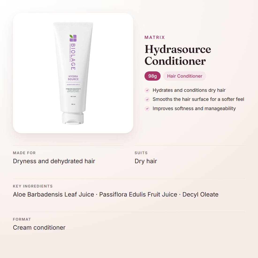Matrix Hydrasource Conditioner (98g) – at a glance: what it is for, who it suits and key ingredients