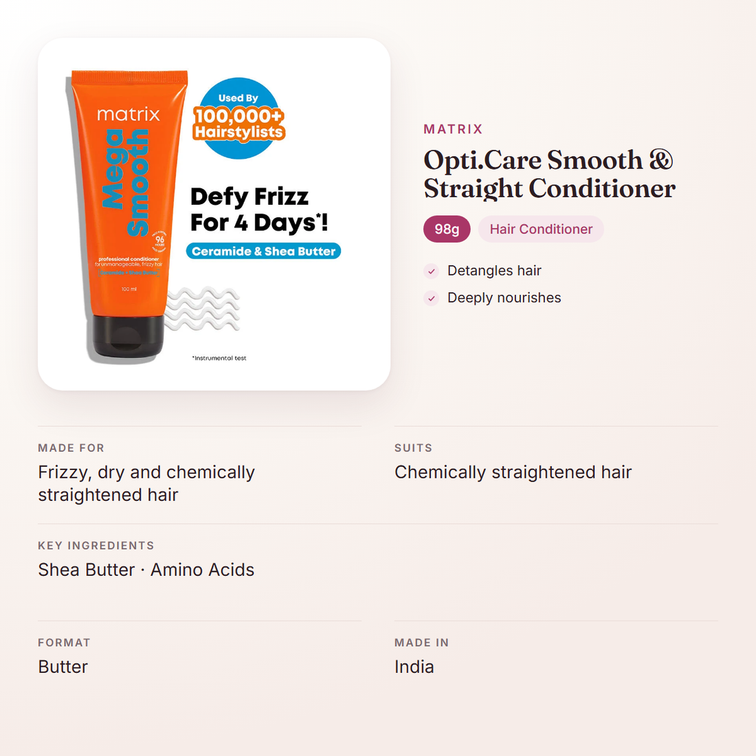 Matrix Opti.Care Smooth & Straight Conditioner (98g) – at a glance: what it is for, who it suits and key ingredients