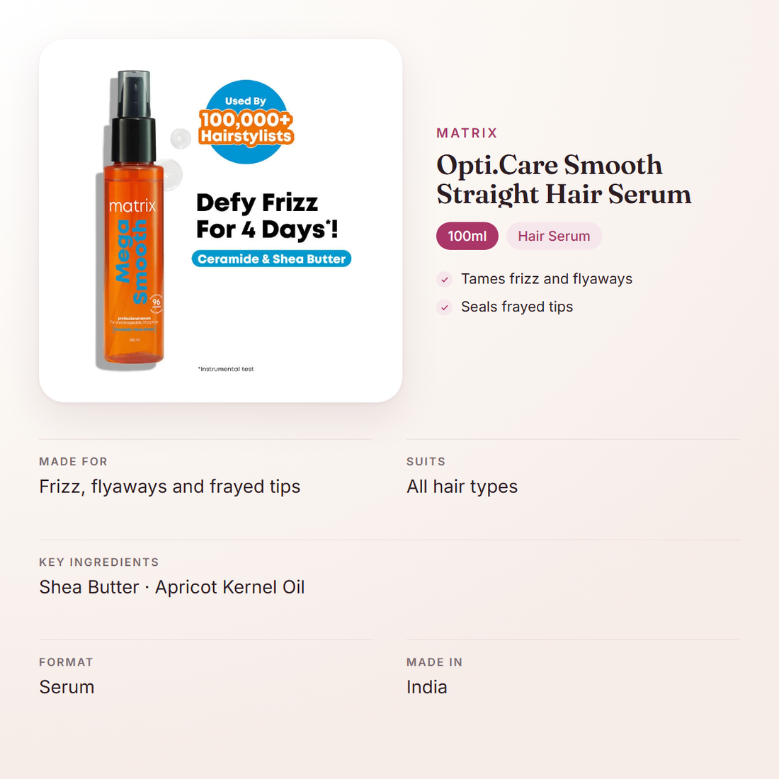 Matrix Opti.Care Smooth Straight Hair Serum (100ml) – at a glance: what it is for, who it suits and key ingredients