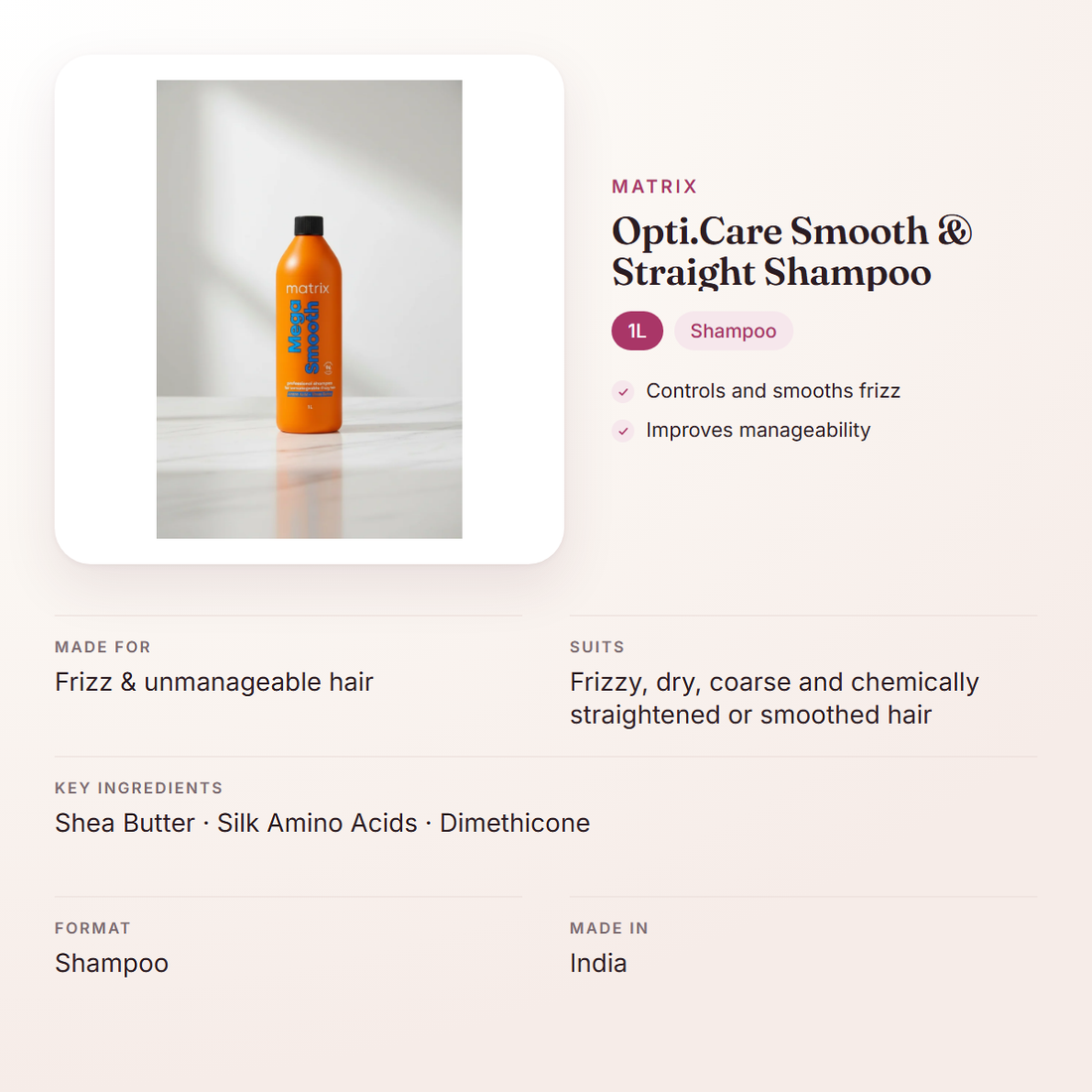 Matrix Opti.Care Smooth & Straight Shampoo (1L) – at a glance: what it is for, who it suits and key ingredients