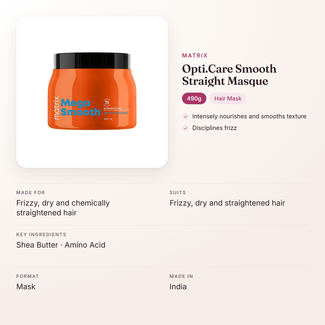 Matrix Opti.Care Smooth Straight Masque (490g) – at a glance: what it is for, who it suits and key ingredients