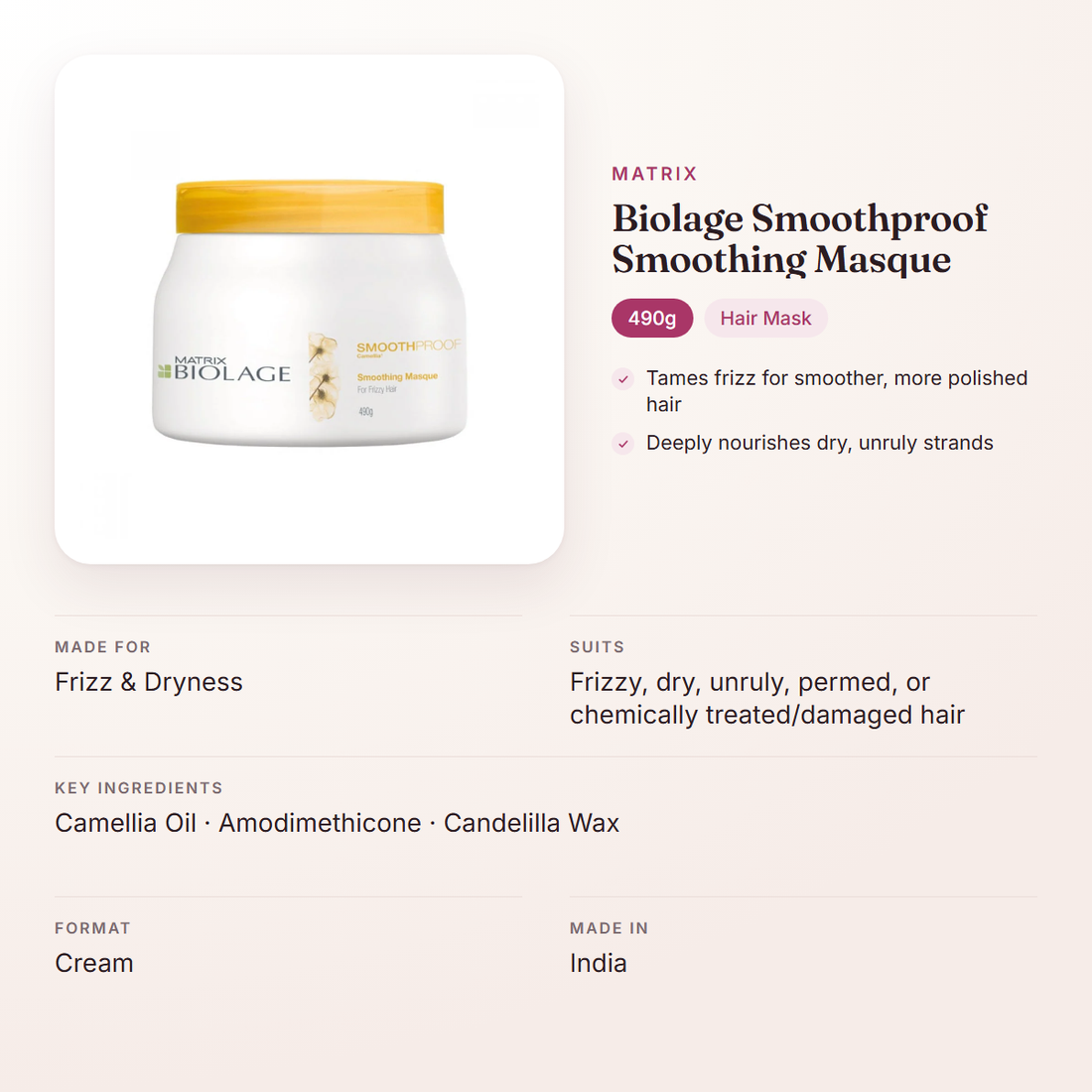 Matrix Biolage Smoothproof Smoothing Masque (490g) – at a glance: what it is for, who it suits and key ingredients