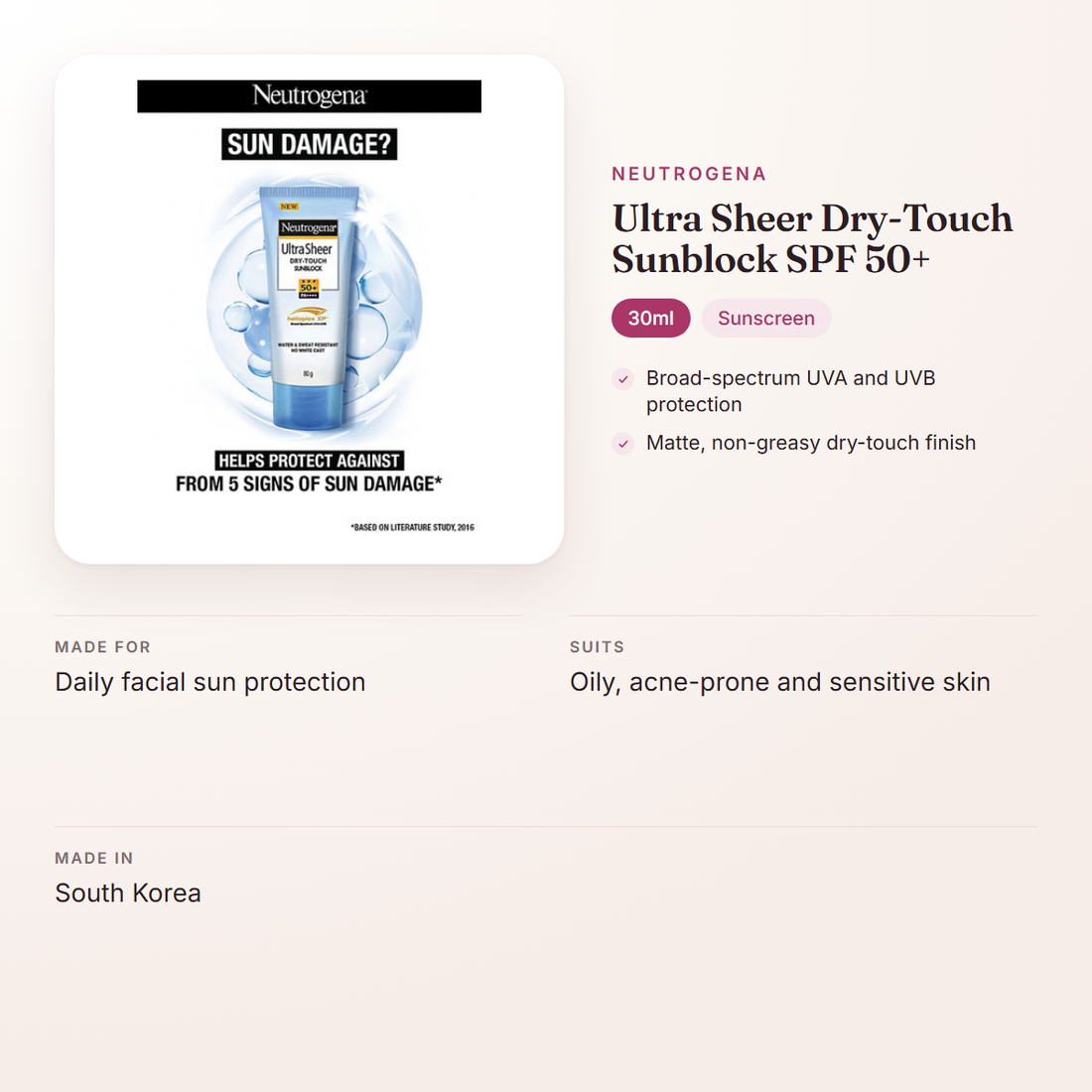 Neutrogena Ultra Sheer Dry-Touch Sunblock SPF 50+ (30ml) – at a glance: what it is for, who it suits and key ingredients