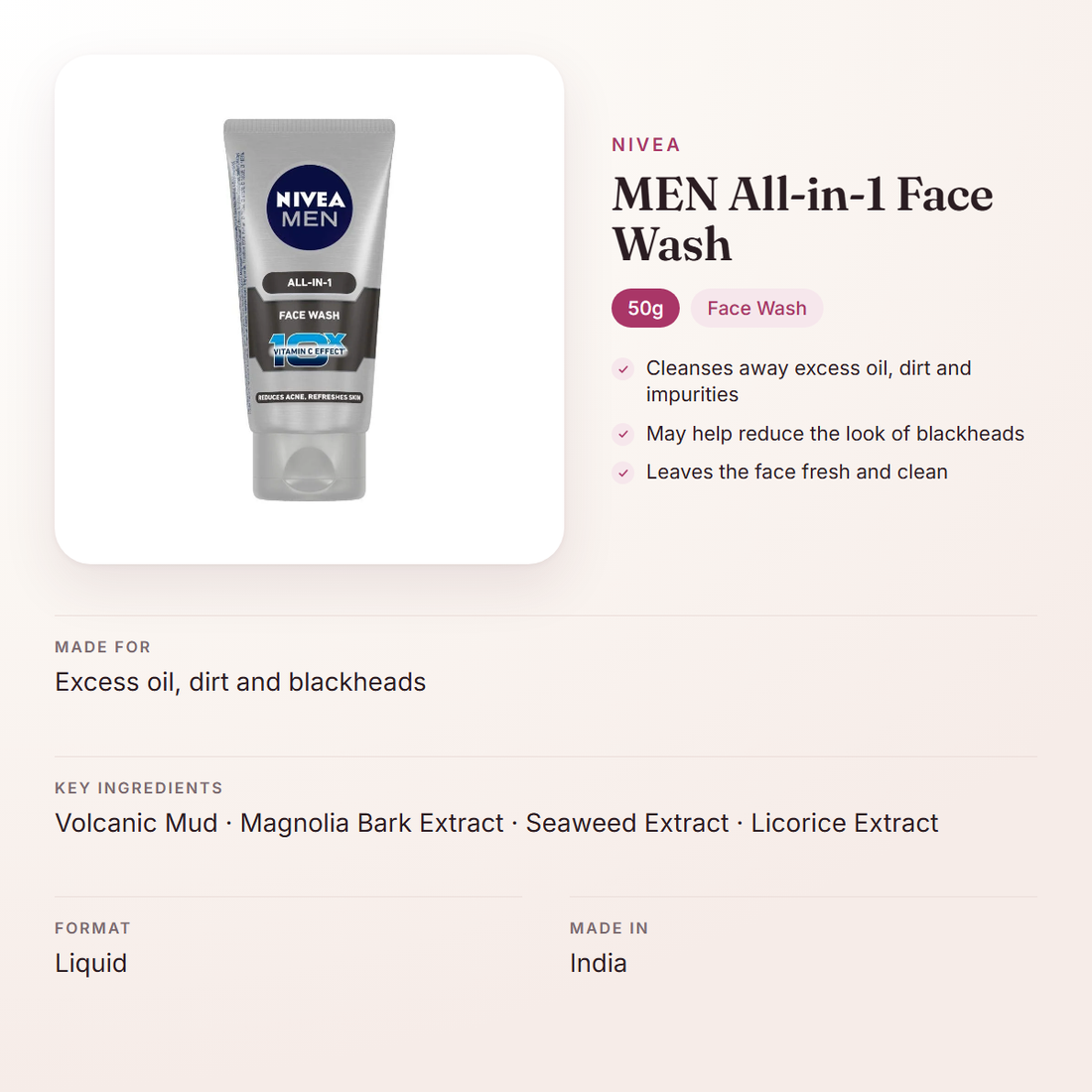 Nivea MEN All-in-1 Face Wash (50g) – at a glance: what it is for, who it suits and key ingredients