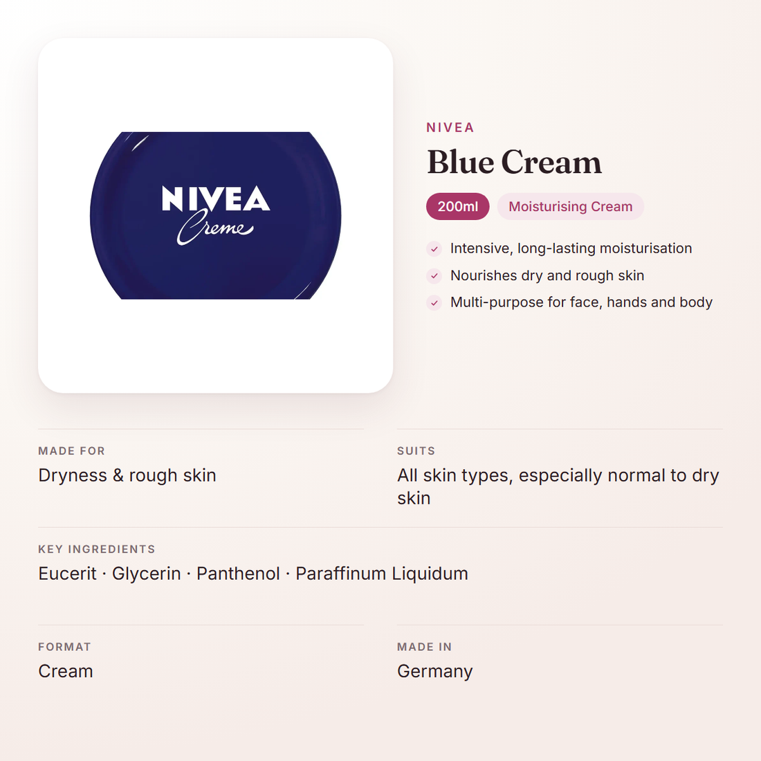 Nivea Blue Cream (200ml) – at a glance: what it is for, who it suits and key ingredients