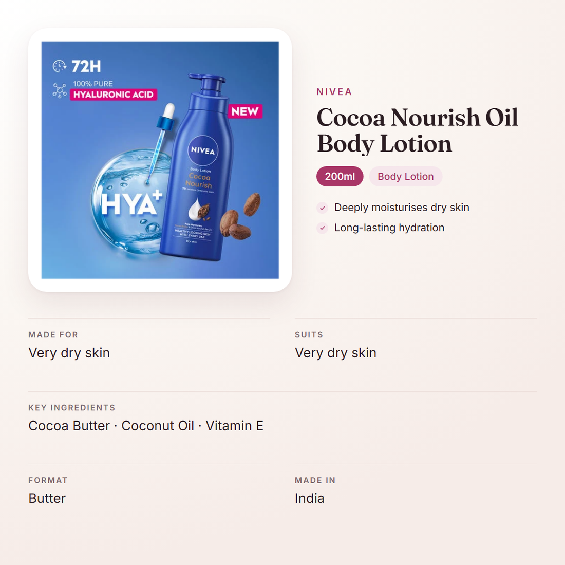 Nivea Cocoa Nourish Oil Body Lotion (200ml) – at a glance: what it is for, who it suits and key ingredients