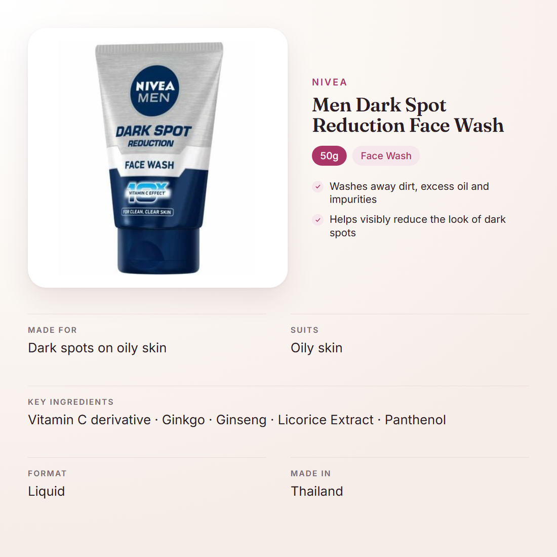 Nivea Men Dark Spot Reduction Face Wash (50g) – at a glance: what it is for, who it suits and key ingredients