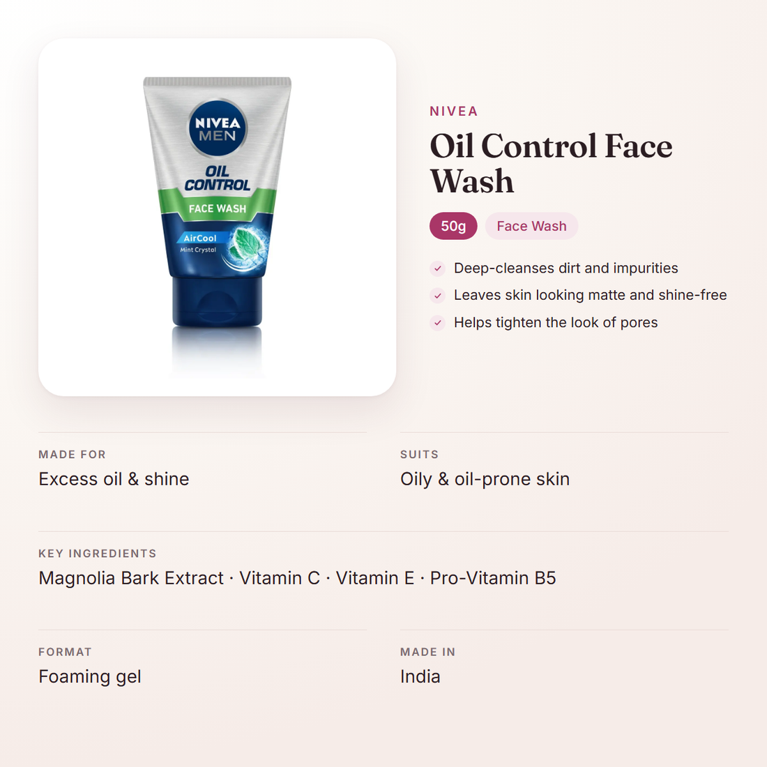 Nivea Oil Control Face Wash (50g) – at a glance: what it is for, who it suits and key ingredients