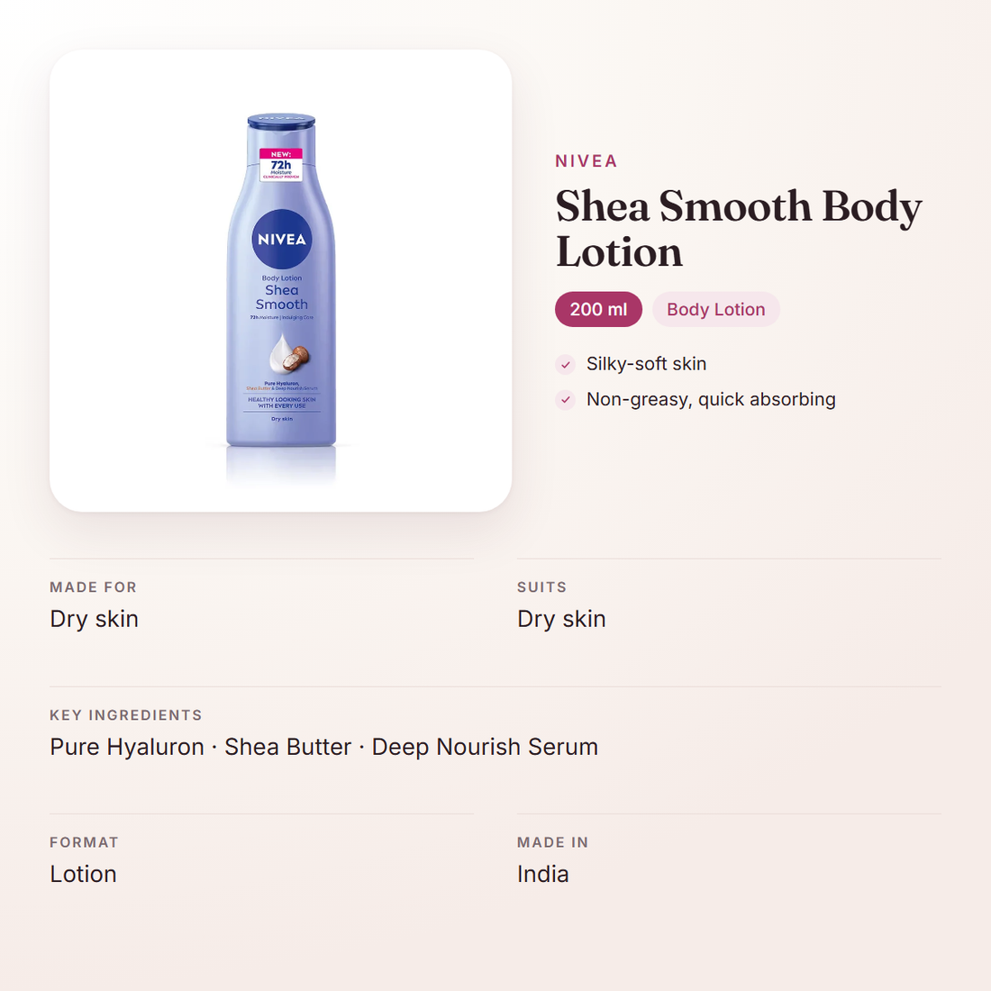 Nivea Shea Smooth Body Lotion (200 ml) – at a glance: what it is for, who it suits and key ingredients