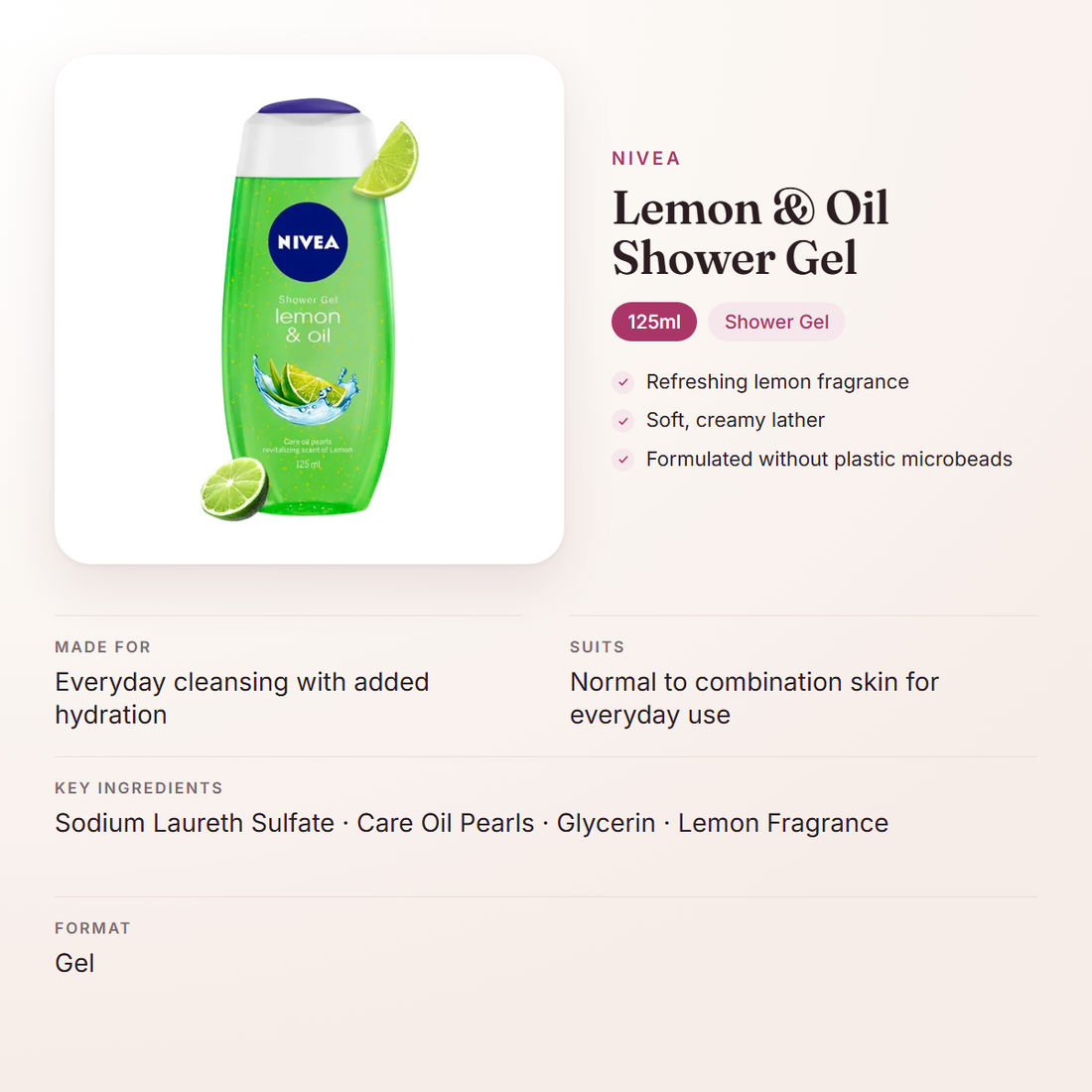 Nivea Lemon & Oil Shower Gel (125ml) – at a glance: what it is for, who it suits and key ingredients