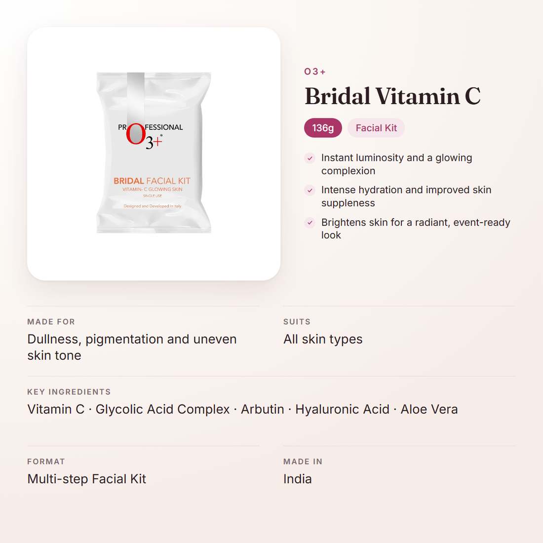 O3+ Bridal Vitamin C (136g) – at a glance: what it is for, who it suits and key ingredients
