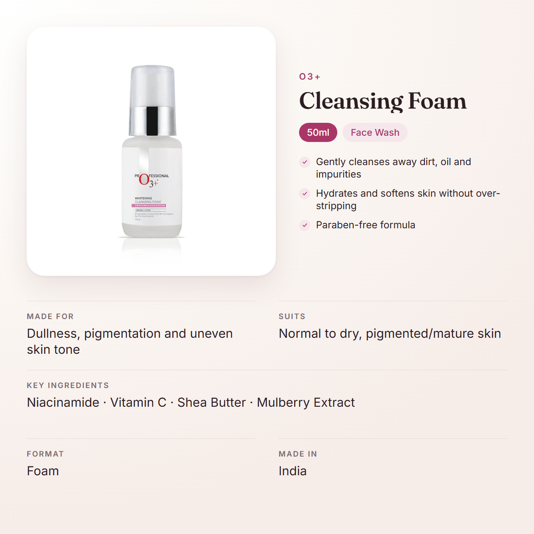 O3+ Cleansing Foam (50ml) – at a glance: what it is for, who it suits and key ingredients