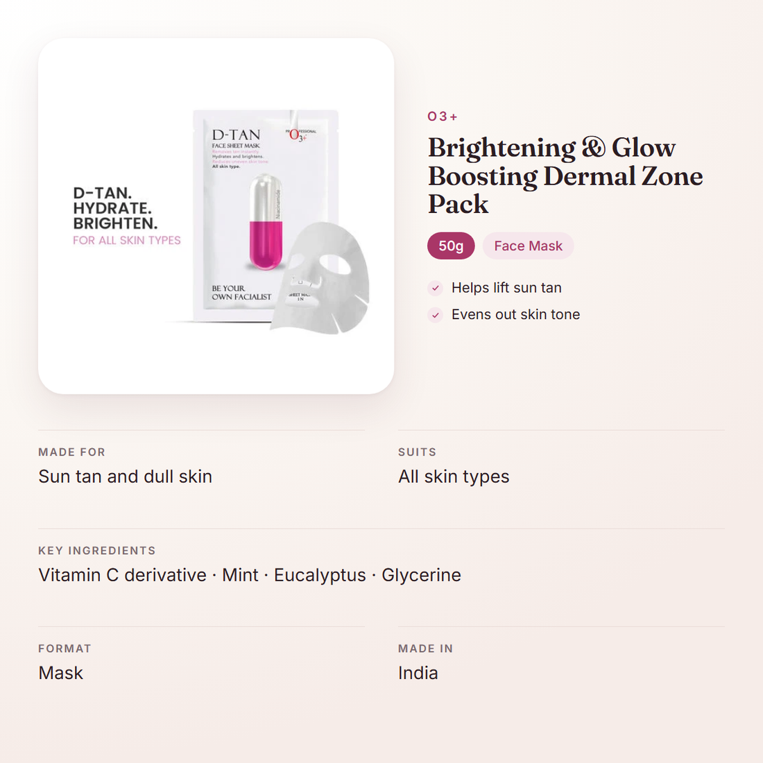 O3+ Brightening & Glow Boosting Dermal Zone Pack (50g) – at a glance: what it is for, who it suits and key ingredients