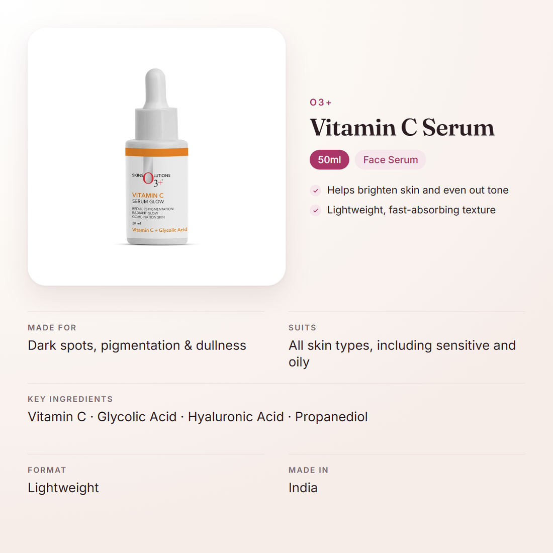 O3+ Vitamin C Serum (50ml) – at a glance: what it is for, who it suits and key ingredients