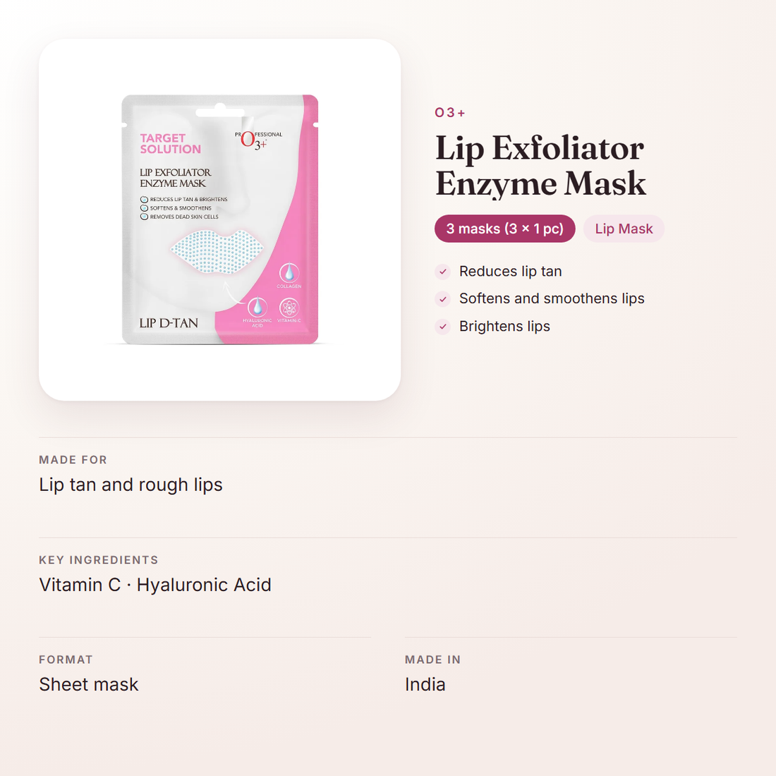 O3+ Lip Exfoliator Enzyme Mask (3 masks (3 × 1 pc)) – at a glance: what it is for, who it suits and key ingredients