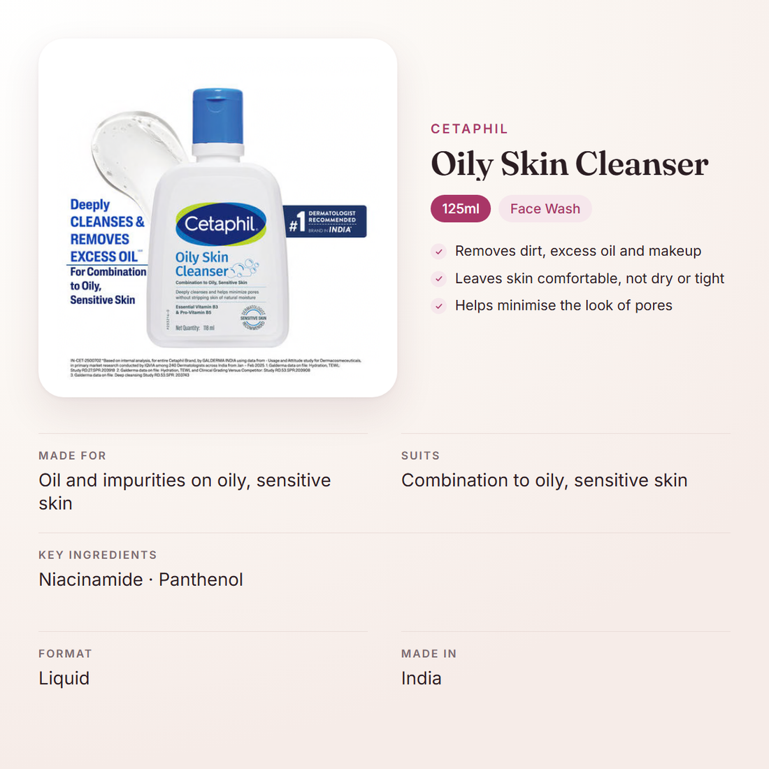 Cetaphil Oily Skin Cleanser (125ml) – at a glance: what it is for, who it suits and key ingredients